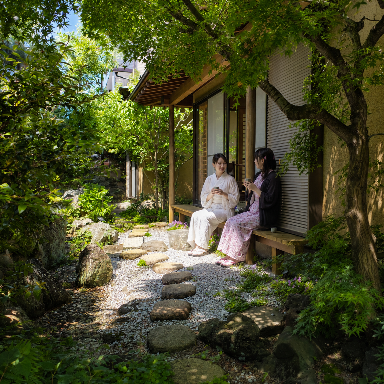 縁側二人画像 静かな日本庭園のひととき